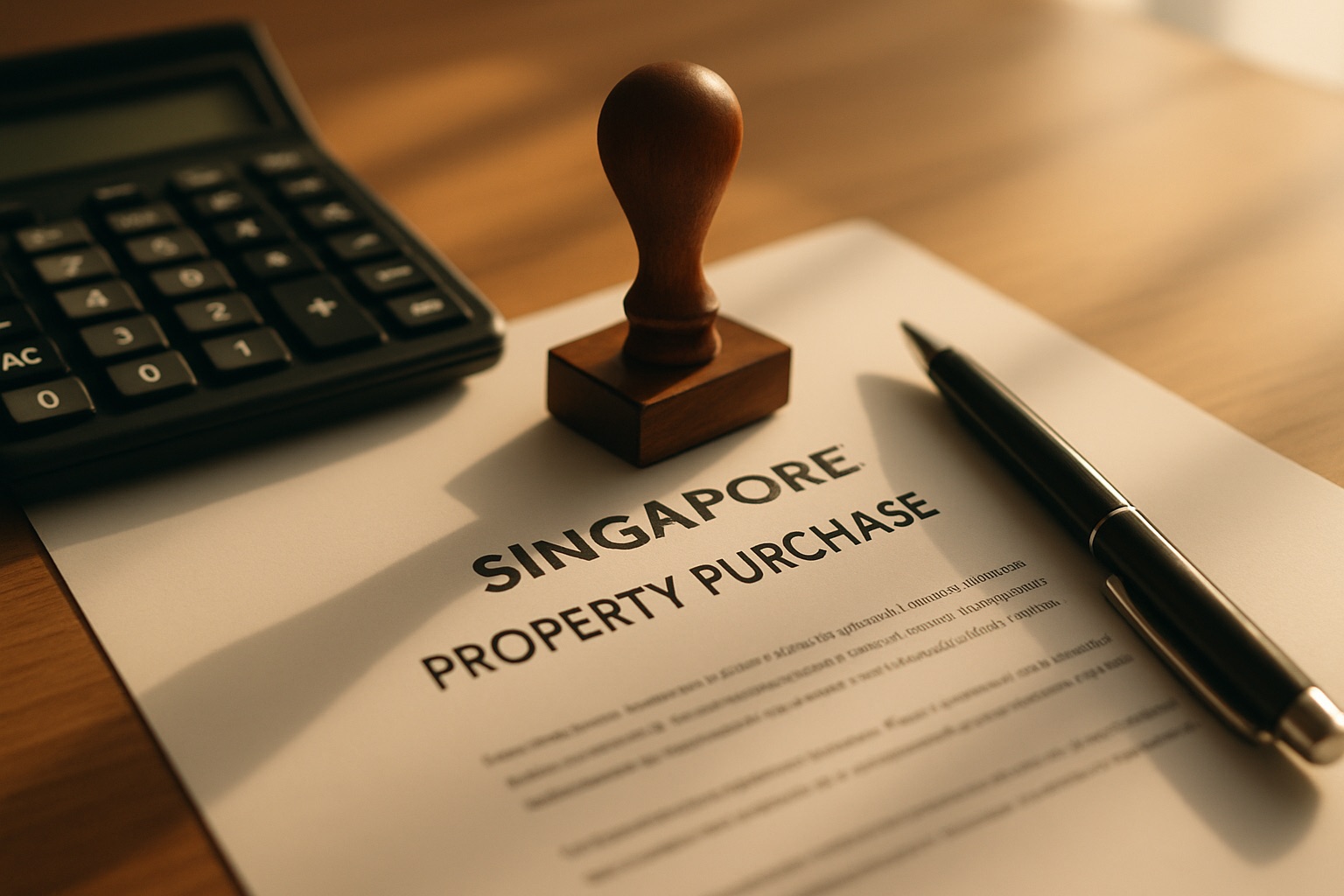 Property purchase paperwork with a calculator and stamp on a desk