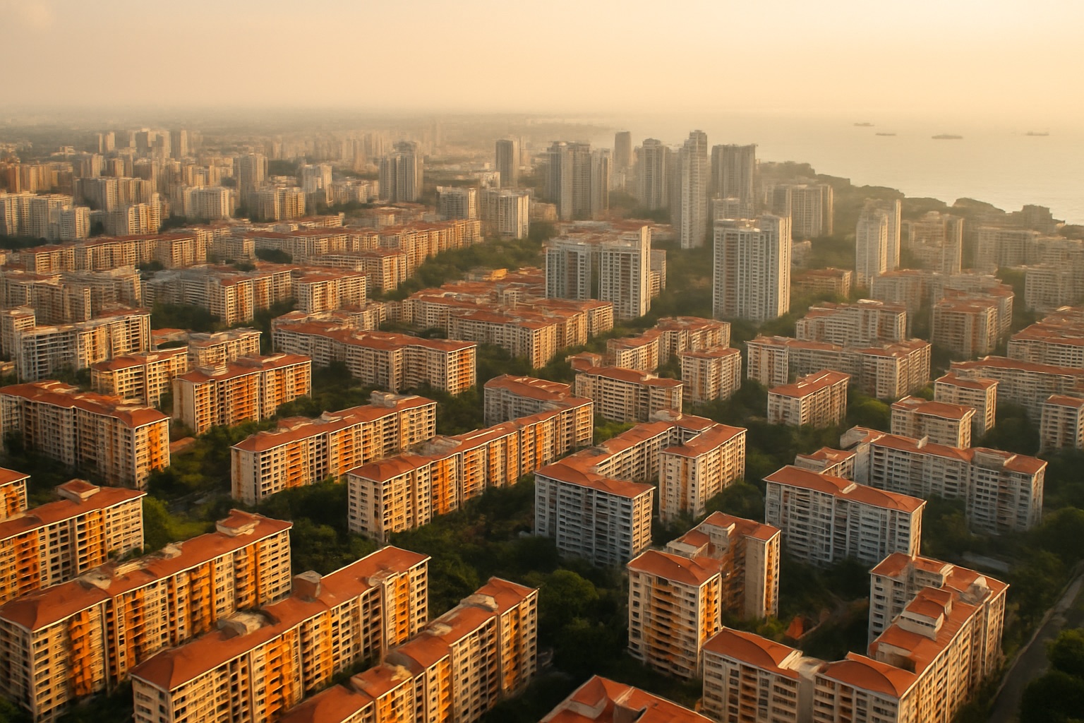 Aerial view of Singapore housing estates at golden hour