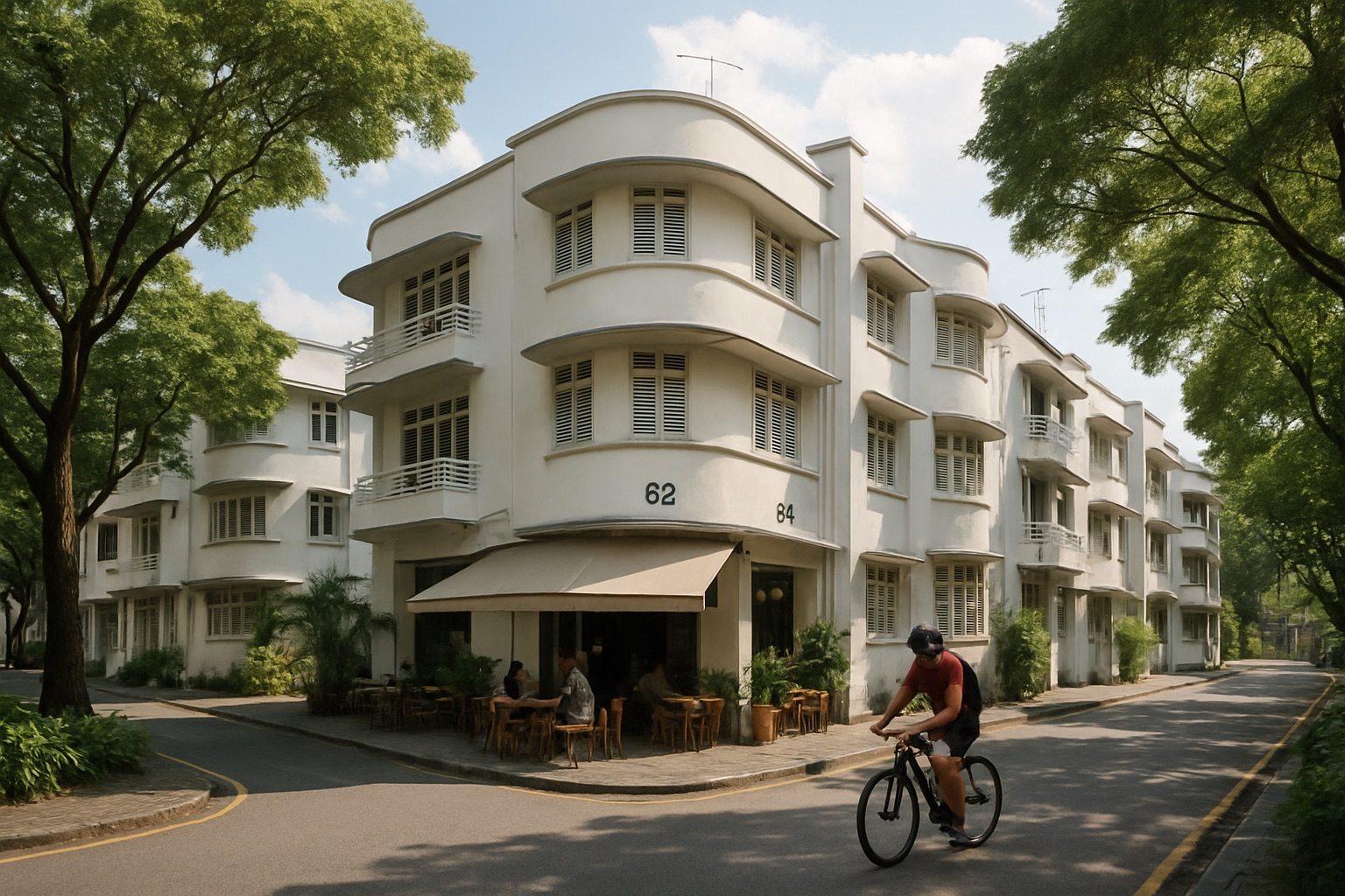 Street scene of heritage walk-up flats and cafes in Tiong Bahru