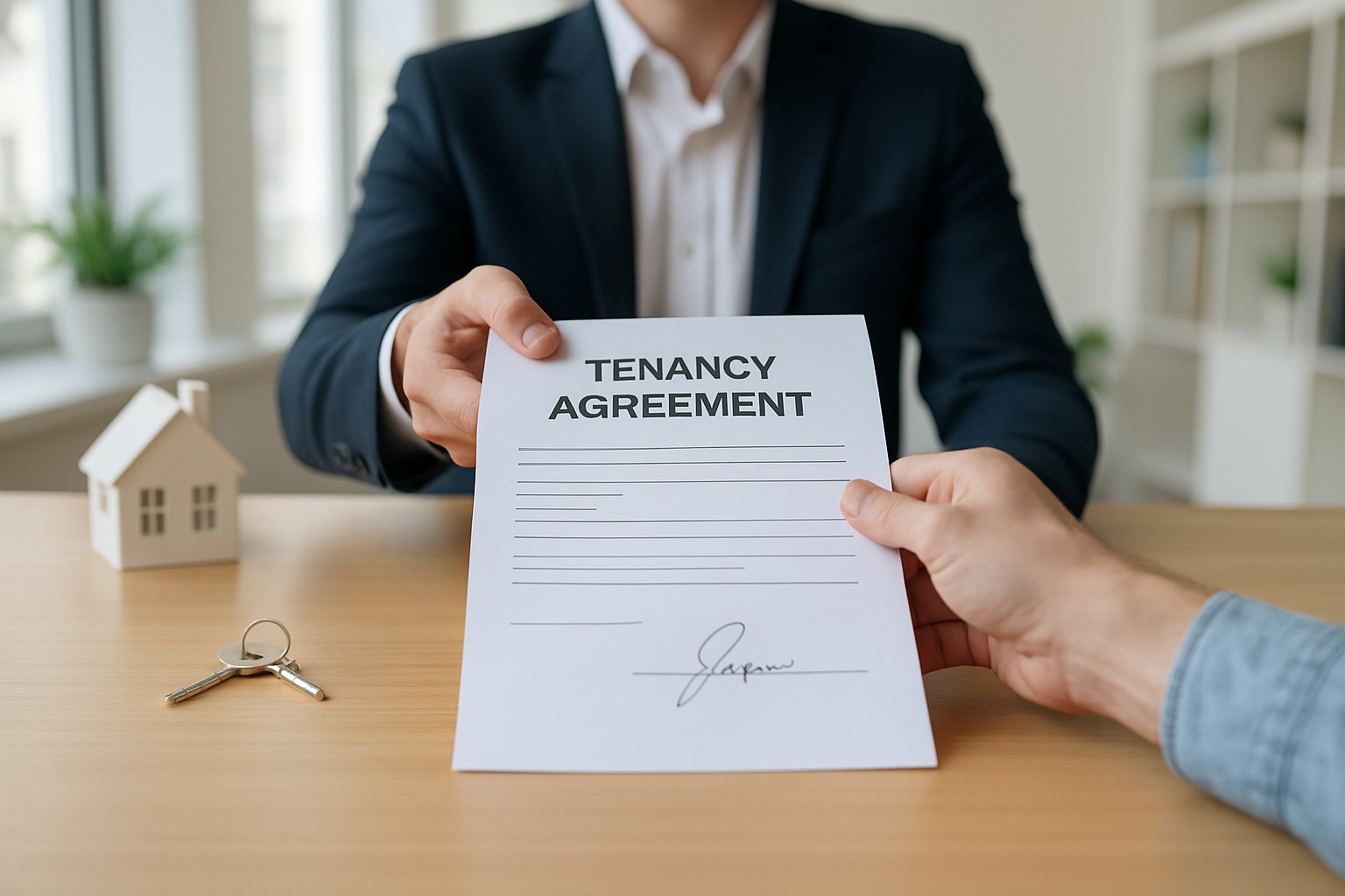 Agent handing a signed tenancy agreement to a tenant