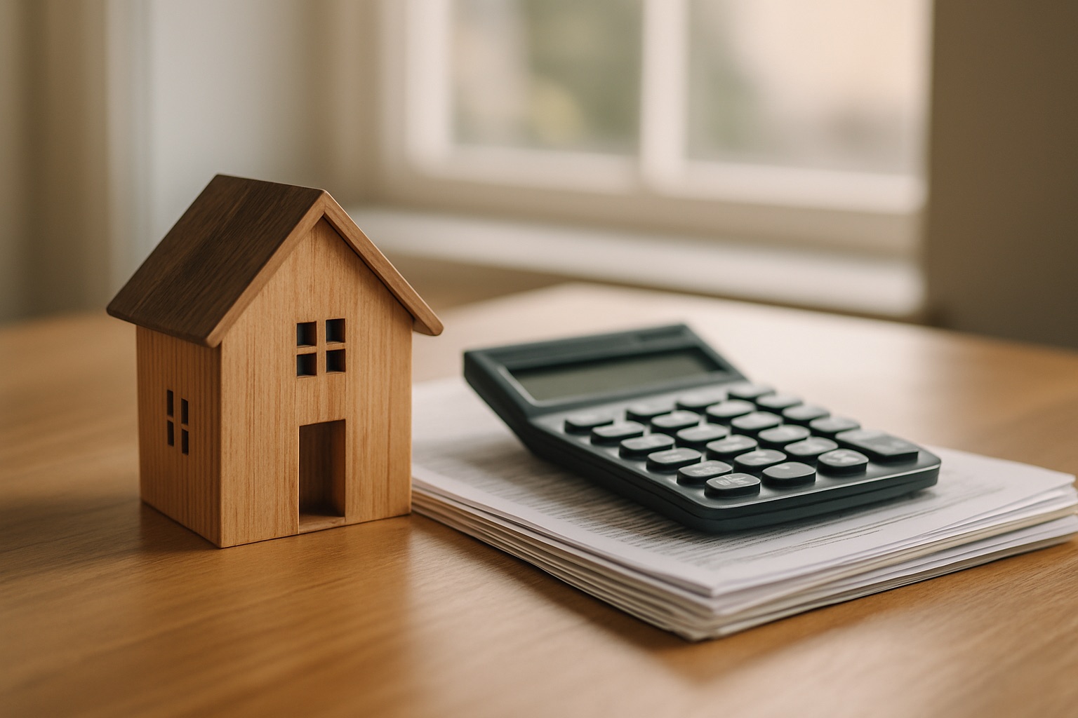 Miniature house model beside a calculator and tax documents